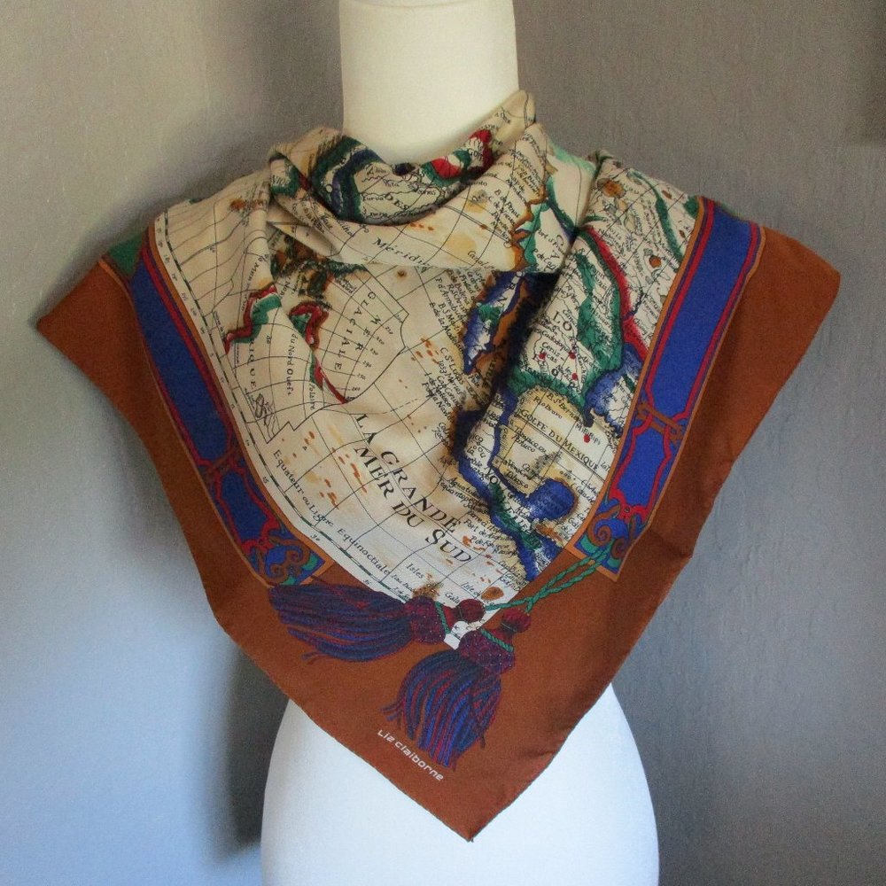 Vintage Brown Cream Blue Map Print Silk Scarf
